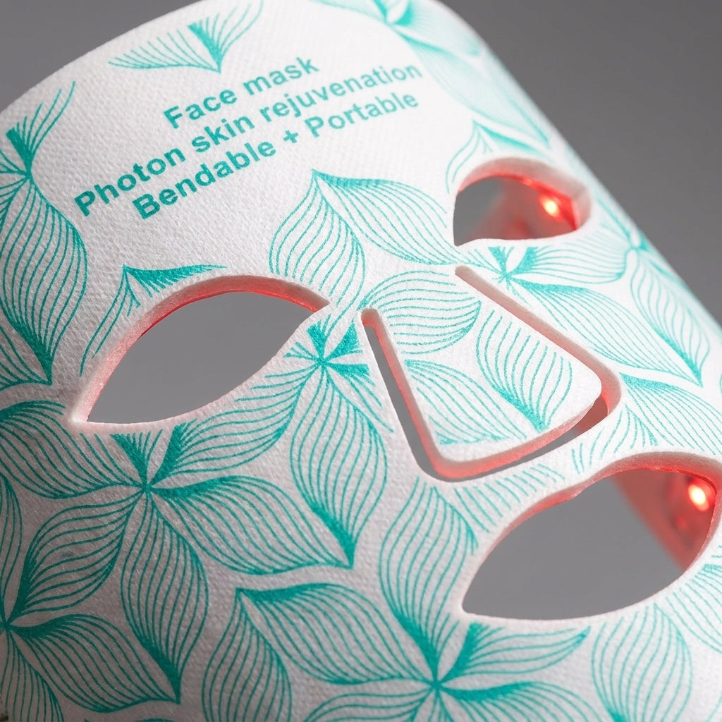 Futora Glow mask glowing on a side table in a bright living room