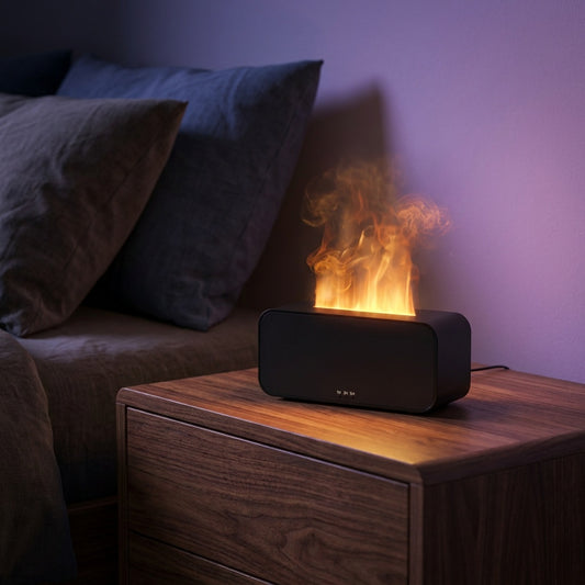 Futora Flame Diffuser glowing on a walnut nightstand in a cozy bedroom
