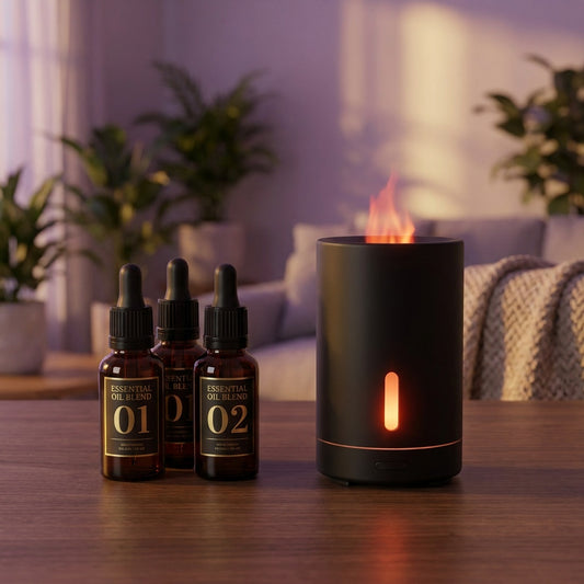 Floral oils beside the Futora flame diffuser