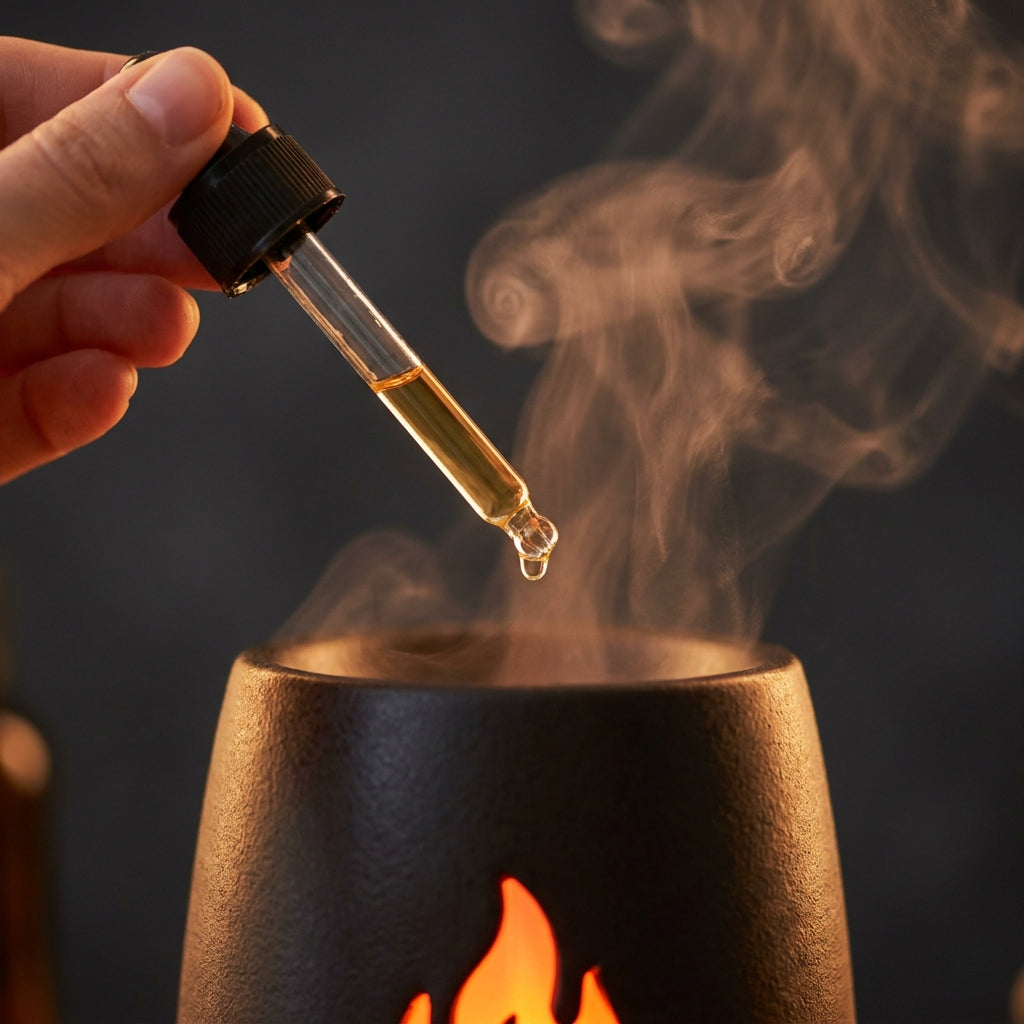 Adding Futora Woody essential oil into the flame diffuser